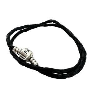 Pandora 925 Sterling Silver Black Braided Leather Wrap Charm 14.5” Bracelet